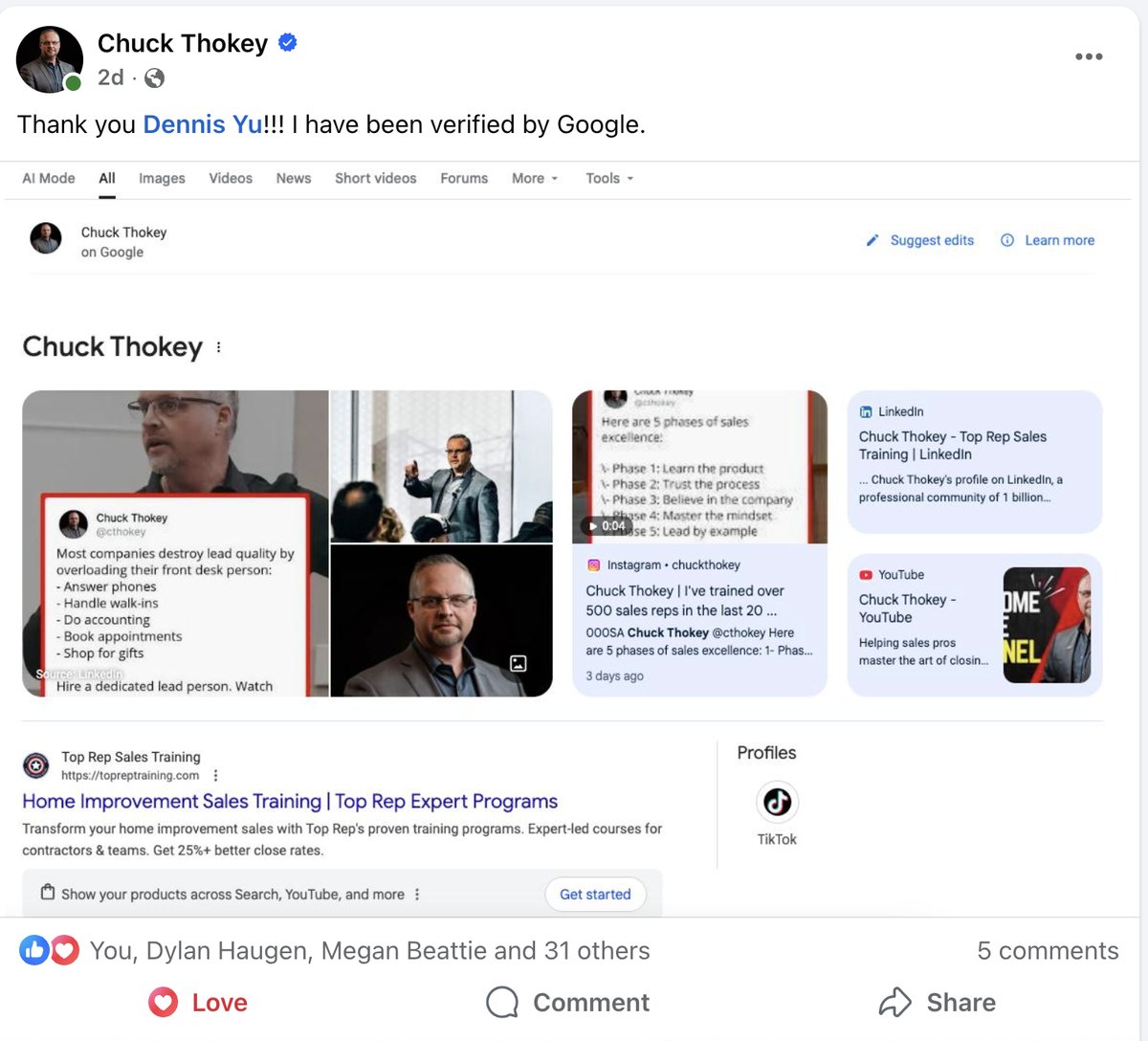 Screenshot of Chuck Thokey’s Facebook post thanking Dennis Yu for helping him get verified by Google, showing his Google Knowledge Panel and search results.